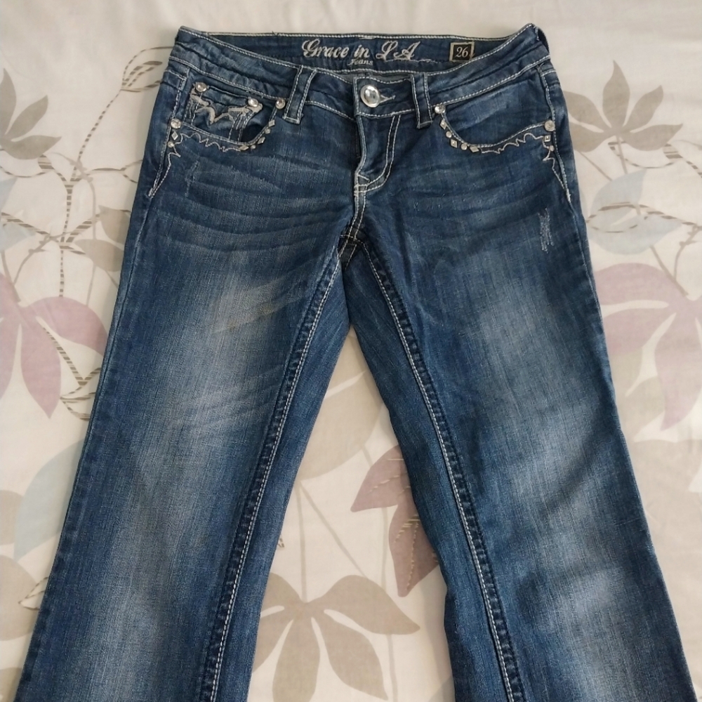 Grace in LA Low Rise Bootcut Jeans w/ Bling